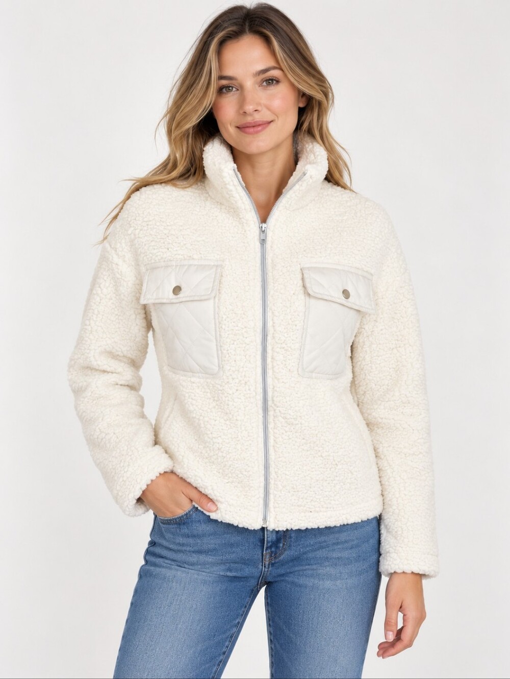 Women's Cream Sherpa Zip Jacket with Quilted Pockets